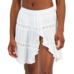NWT Miken Women's Lace-Inset Ruffle-Trim Beaded Tie Skirt Swim Cover Up White XL